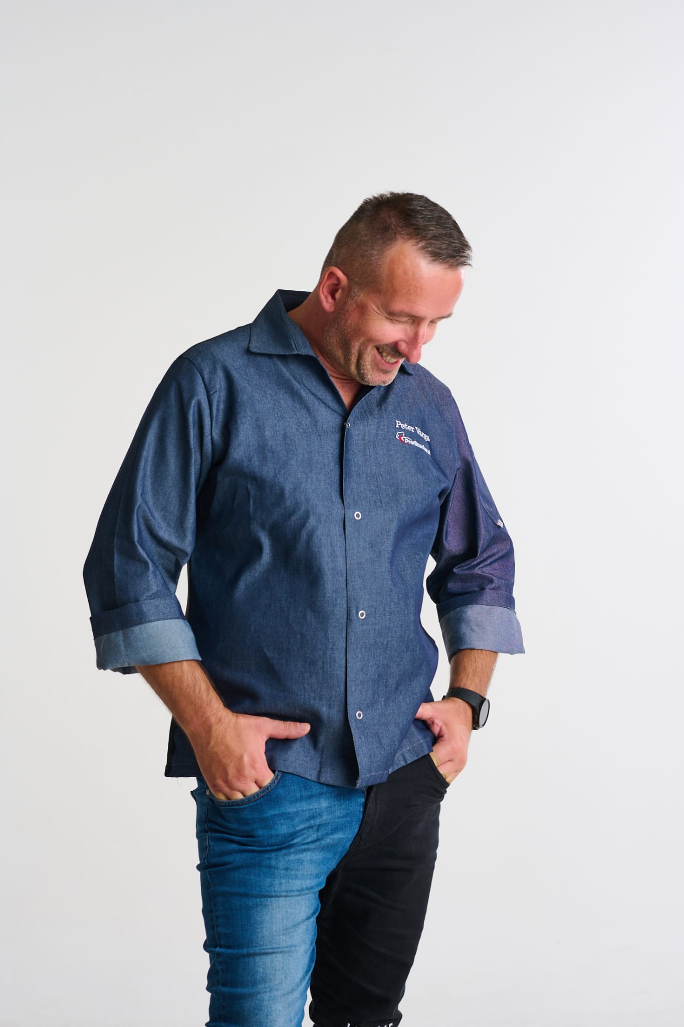 EGOCHEF Kuchársky rondon EGOchef VIP s košeľovým strihom UNISEX - jeans - dlhý rukáv XL