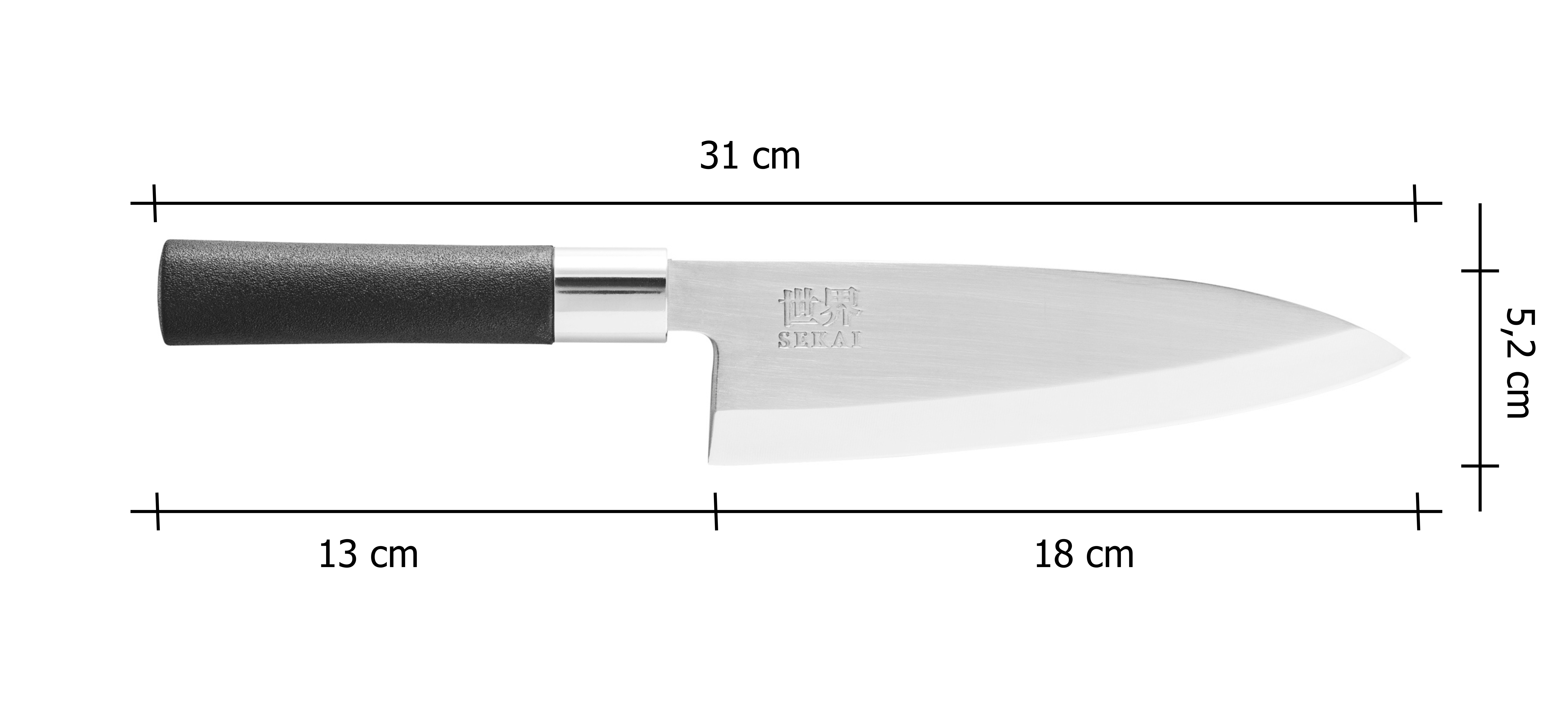 Japonský nôž IVO Deba - SEKAI - 18cm_rozmery noža